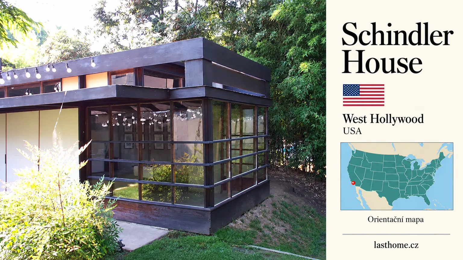 AI grafika podle fotografie: Schindler House, West Hollywood, s vlajkou a orientační mapou.