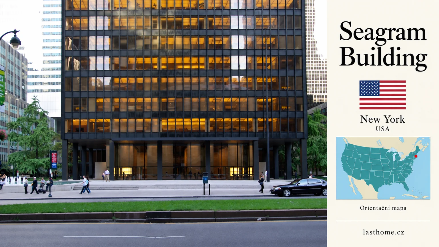 AI grafika podle fotografie: Seagram Building, New York, s vlajkou a orientační mapou.