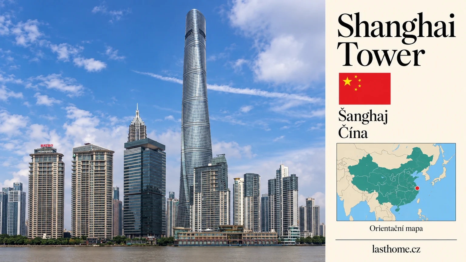AI grafika podle fotografie: Shanghai Tower, Šanghaj, s vlajkou a orientační mapou.