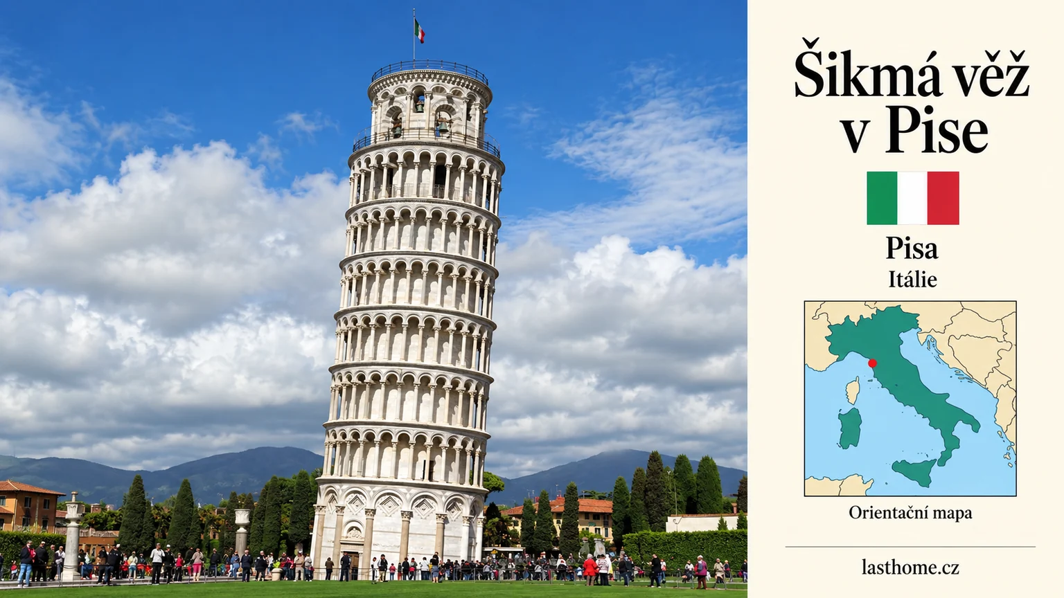 AI grafika podle fotografie: Šikmá věž v Pise, Pisa, s vlajkou a orientační mapou.