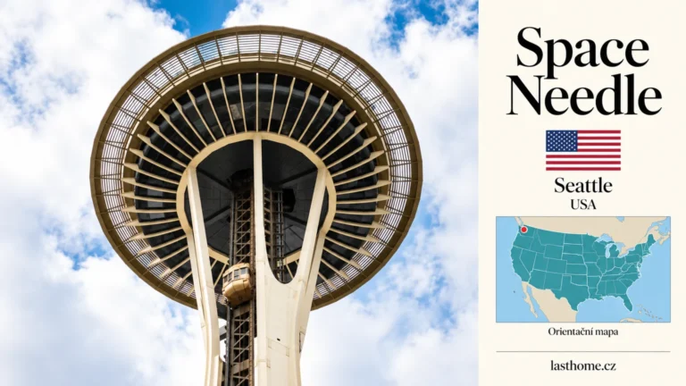 AI grafika podle fotografie: Space Needle, Seattle, s vlajkou a orientační mapou.