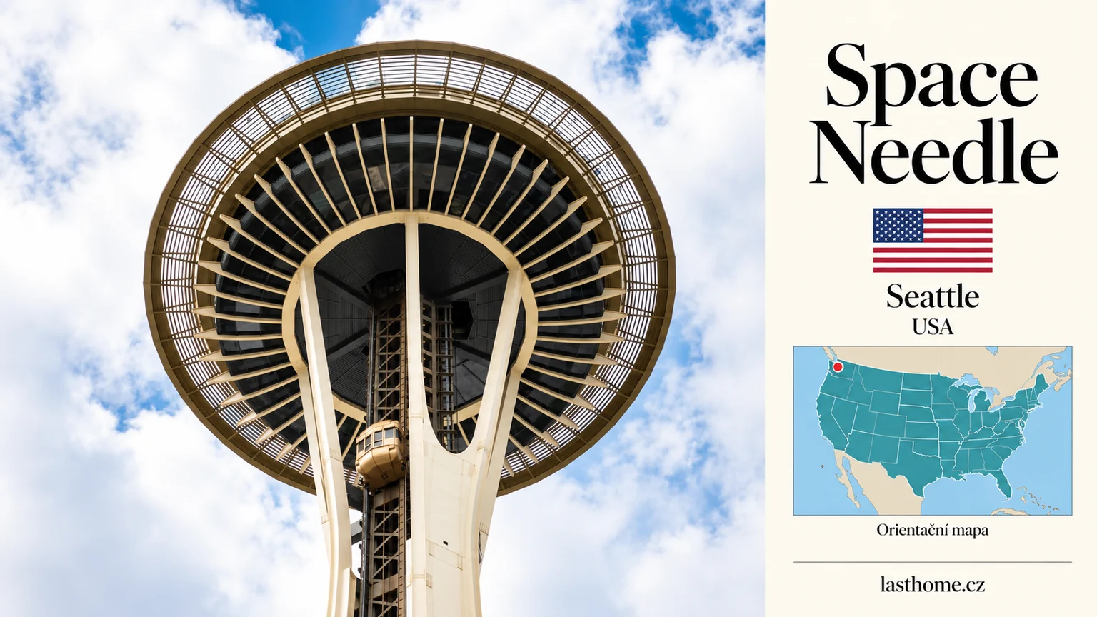 AI grafika podle fotografie: Space Needle, Seattle, s vlajkou a orientační mapou.
