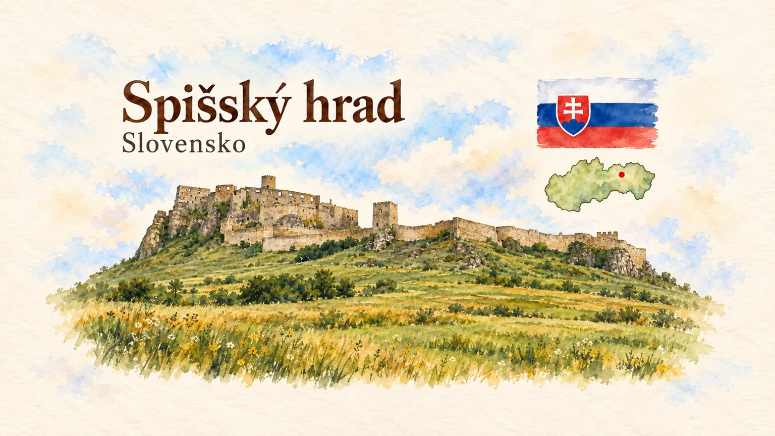 AI grafika podle fotografie: Spišský hrad, Spišské Podhradie, vlajka a orientační mapa země Slovensko