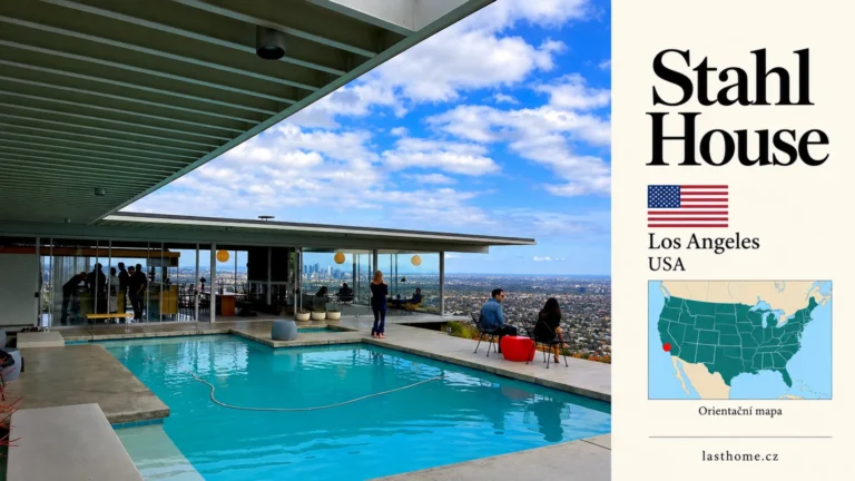 AI grafika podle fotografie: Stahl House, Los Angeles, s vlajkou a orientační mapou.