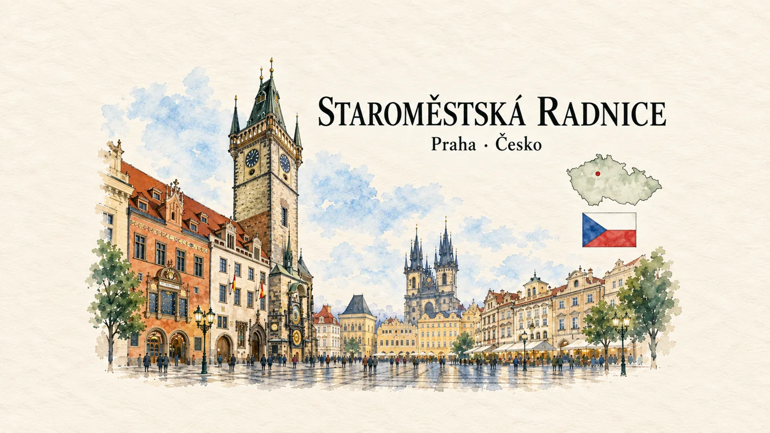 AI grafika podle fotografie: Staroměstská radnice s orlojem, Praha, vlajka a orientační mapa země Česko