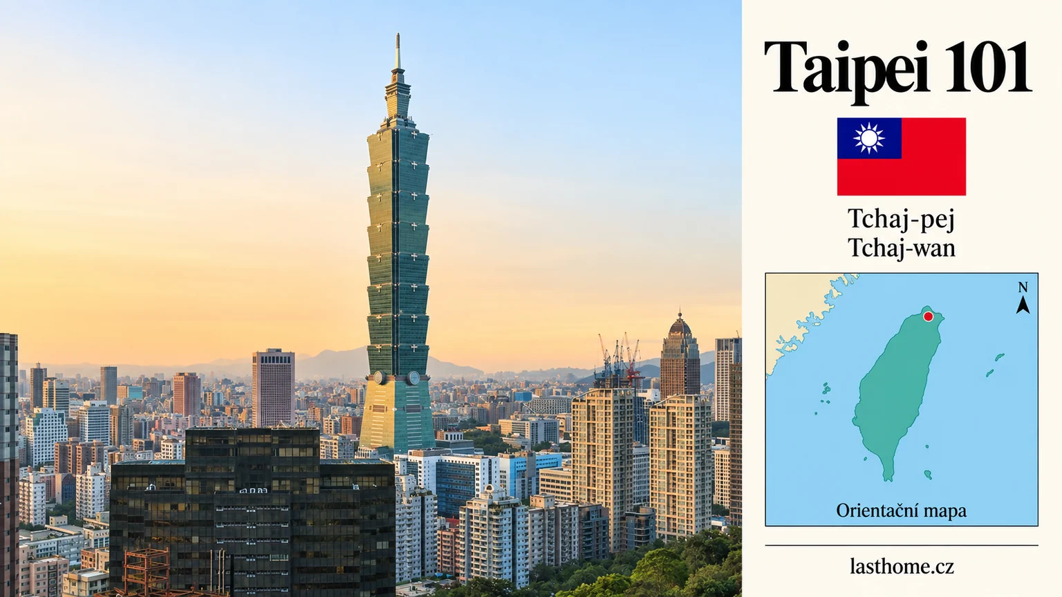AI grafika podle fotografie: Taipei 101, Tchaj-pej, s vlajkou a orientační mapou.