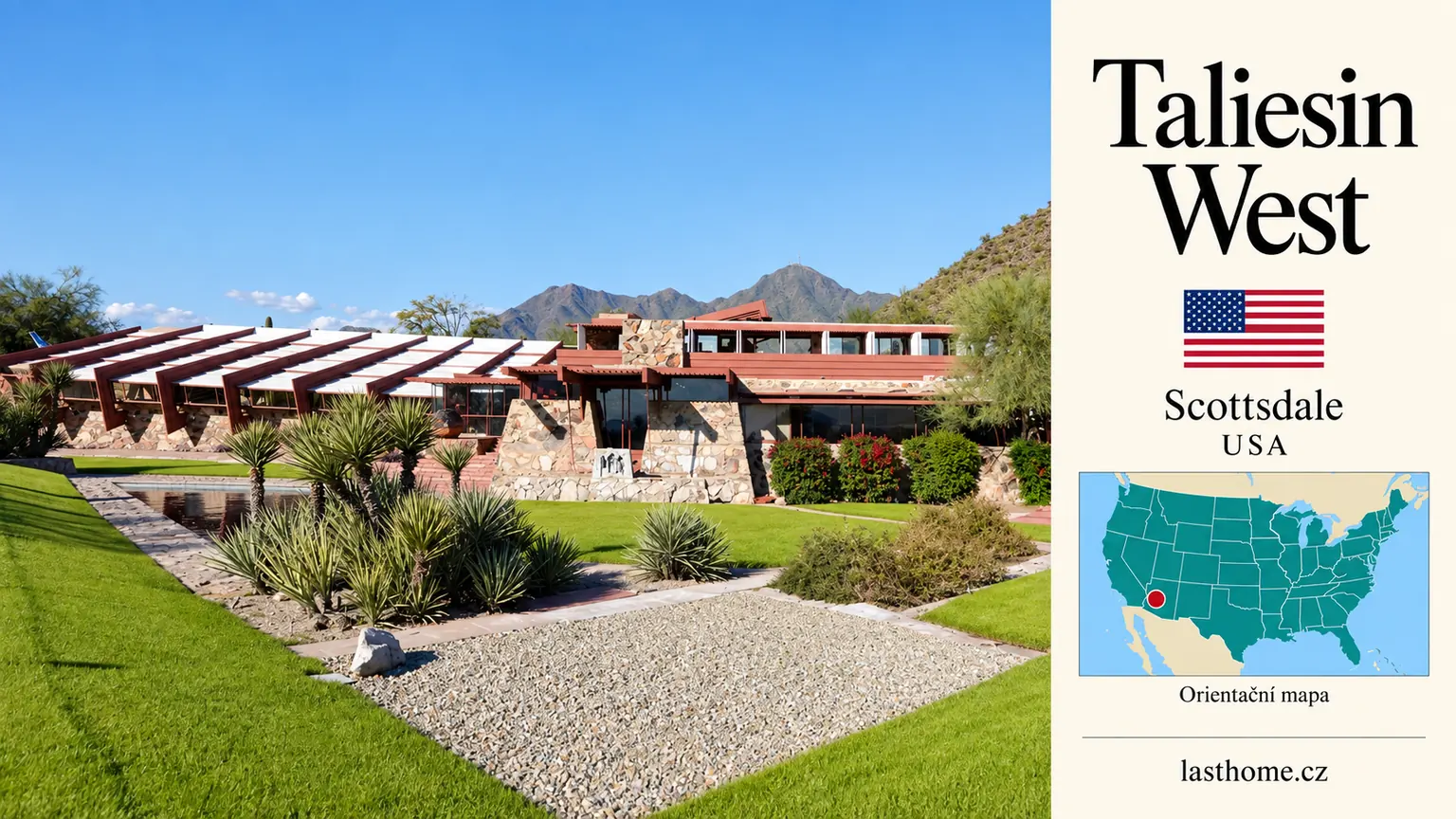 AI grafika podle fotografie: Taliesin West, Scottsdale, s vlajkou a orientační mapou.