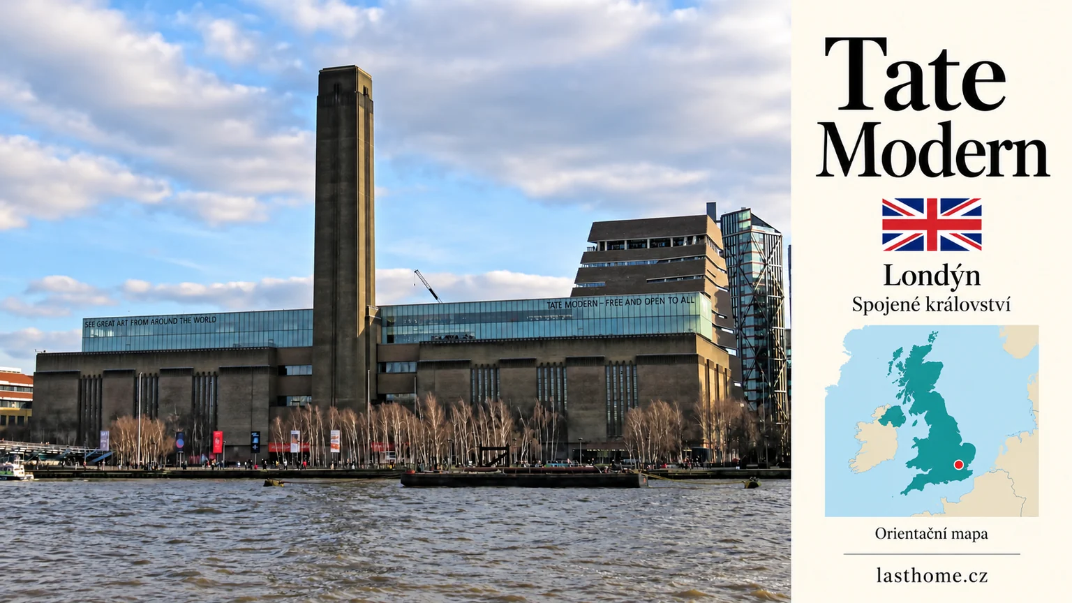 AI grafika podle fotografie: Tate Modern, Londýn, s vlajkou a orientační mapou.