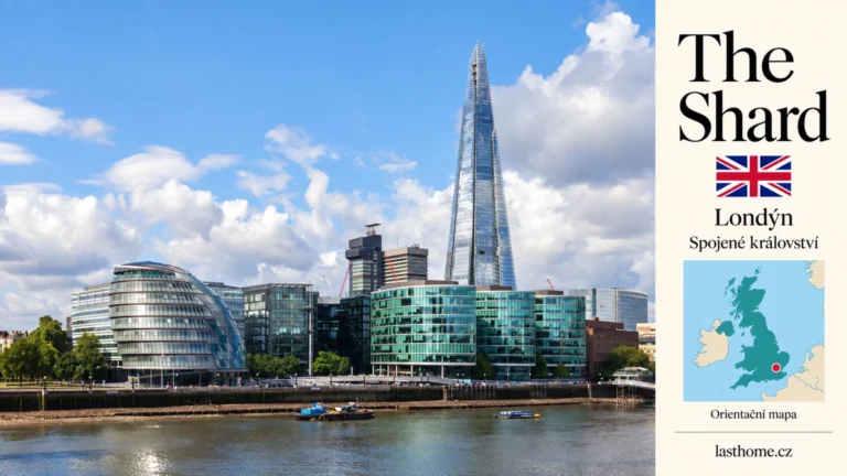 AI grafika podle fotografie: The Shard, Londýn, s vlajkou a orientační mapou.