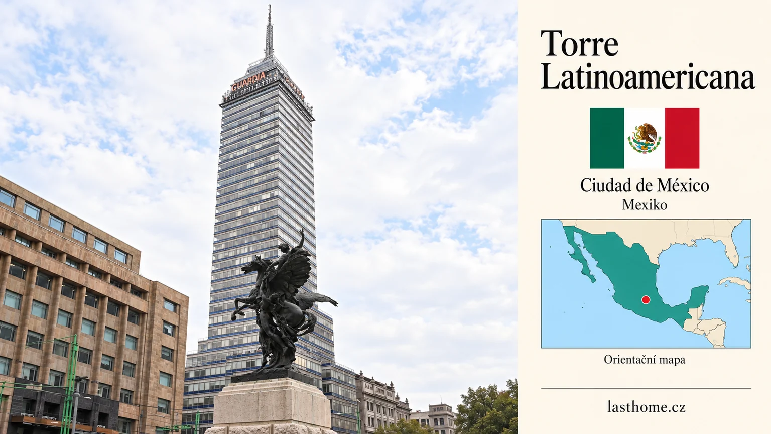 AI grafika podle fotografie: Torre Latinoamericana, Ciudad de México, s vlajkou a orientační mapou.