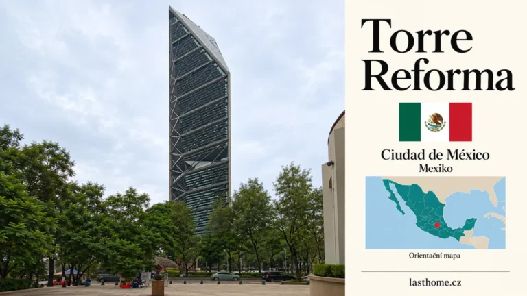 AI grafika podle fotografie: Torre Reforma, Ciudad de México, s vlajkou a orientační mapou.