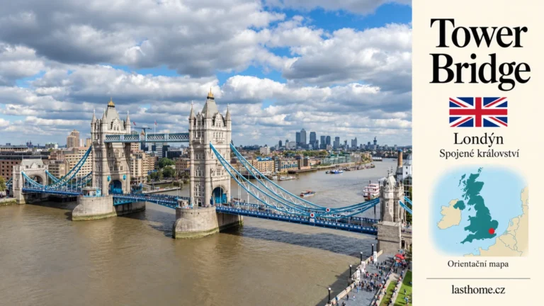 AI grafika podle fotografie: Tower Bridge, Londýn, s vlajkou a orientační mapou.