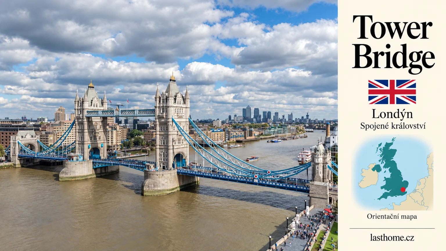 AI grafika podle fotografie: Tower Bridge, Londýn, s vlajkou a orientační mapou.