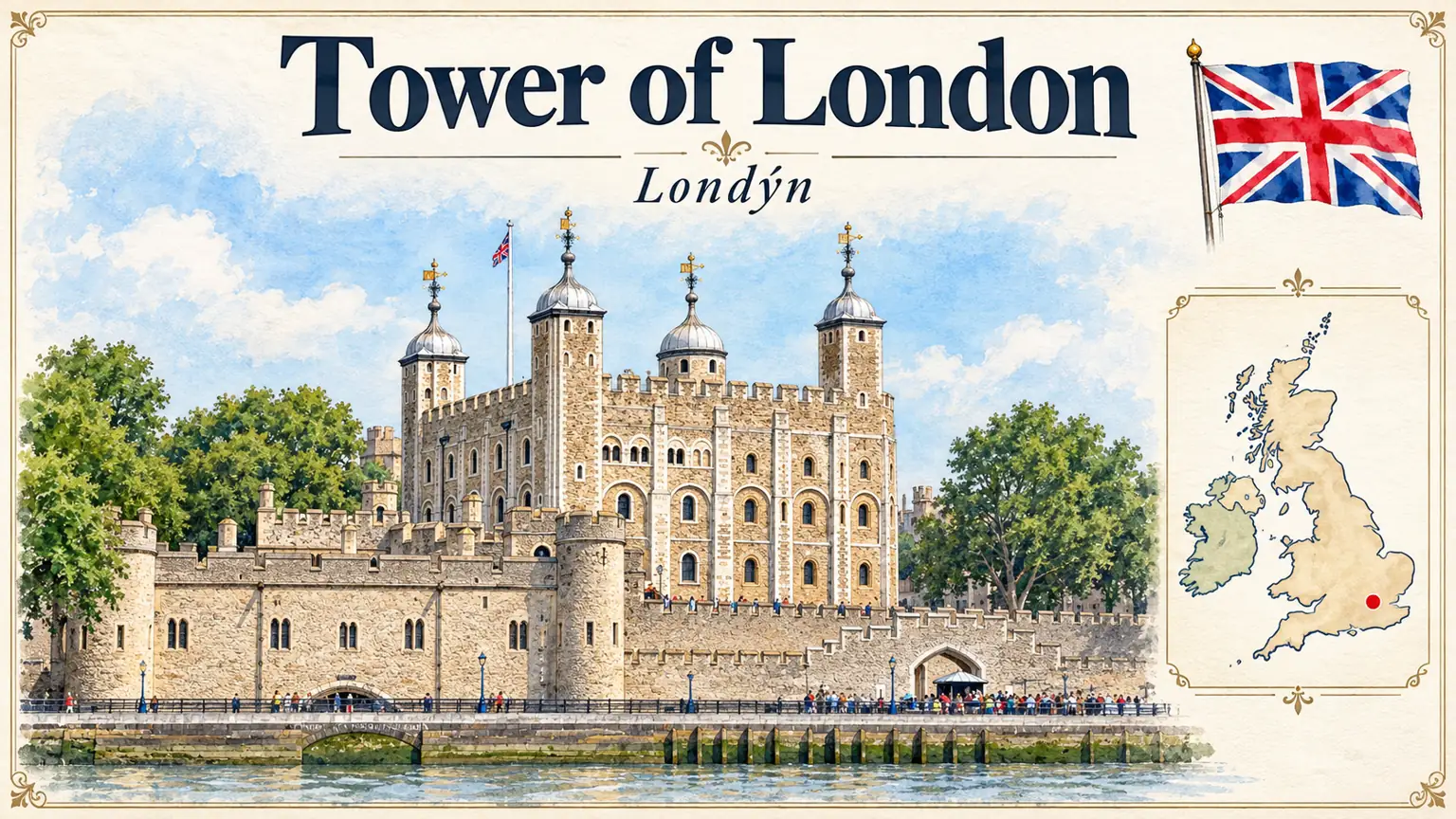 AI grafika podle fotografie: Tower of London, Londýn, vlajka a orientační mapa země Spojené království