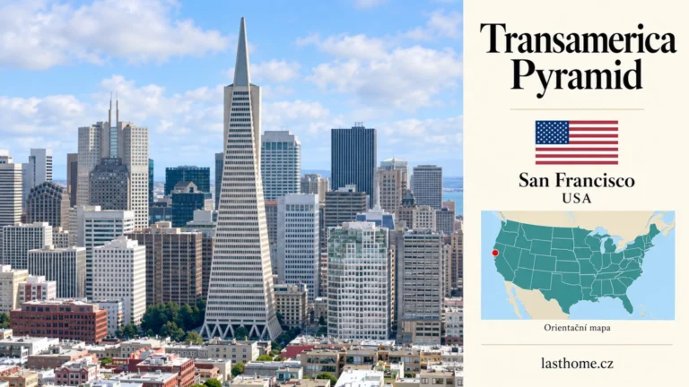 AI grafika podle fotografie: Transamerica Pyramid, San Francisco, s vlajkou a orientační mapou.