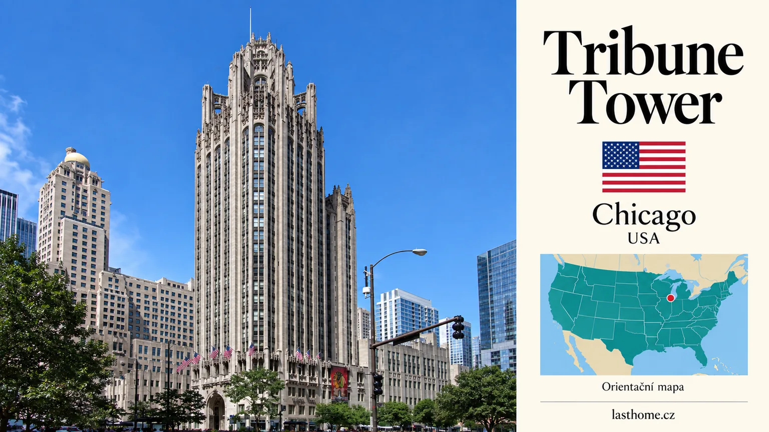 AI grafika podle fotografie: Tribune Tower, Chicago, s vlajkou a orientační mapou.