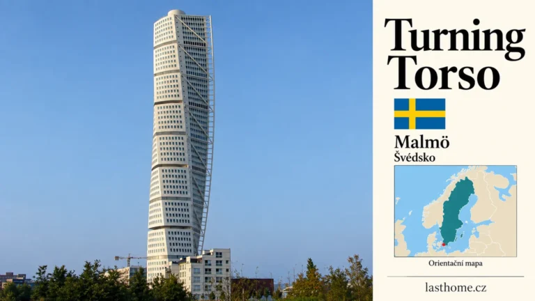 AI grafika podle fotografie: Turning Torso, Malmö, s vlajkou a orientační mapou.