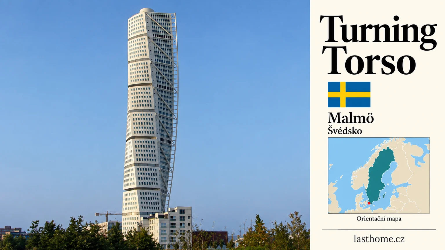 AI grafika podle fotografie: Turning Torso, Malmö, s vlajkou a orientační mapou.