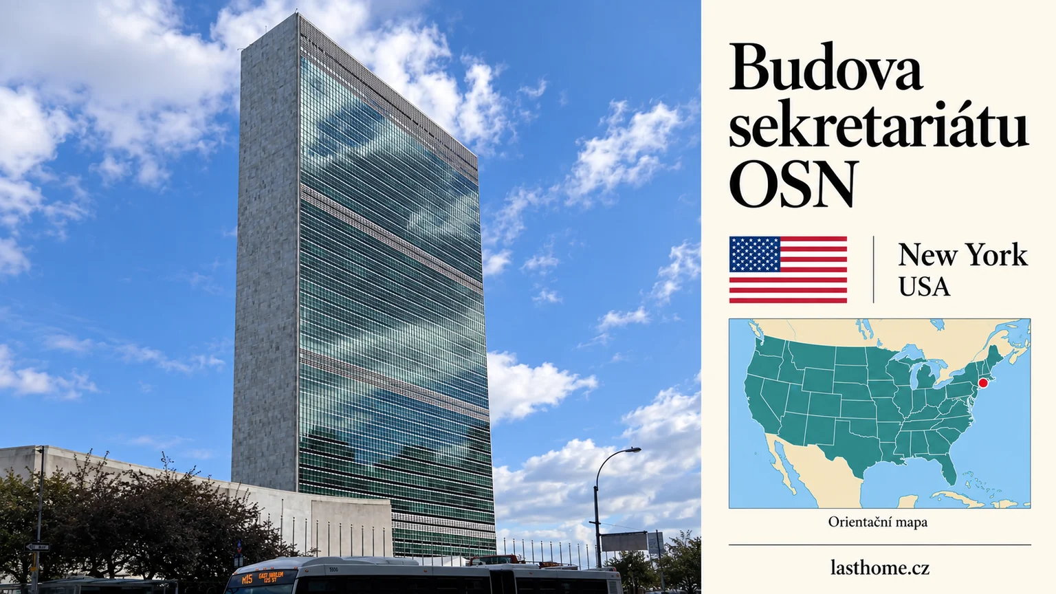 AI grafika podle fotografie: Budova sekretariátu OSN, New York, s vlajkou a orientační mapou.