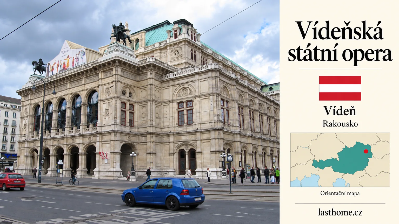 AI grafika podle fotografie: Vídeňská státní opera, Vídeň, s vlajkou a orientační mapou.