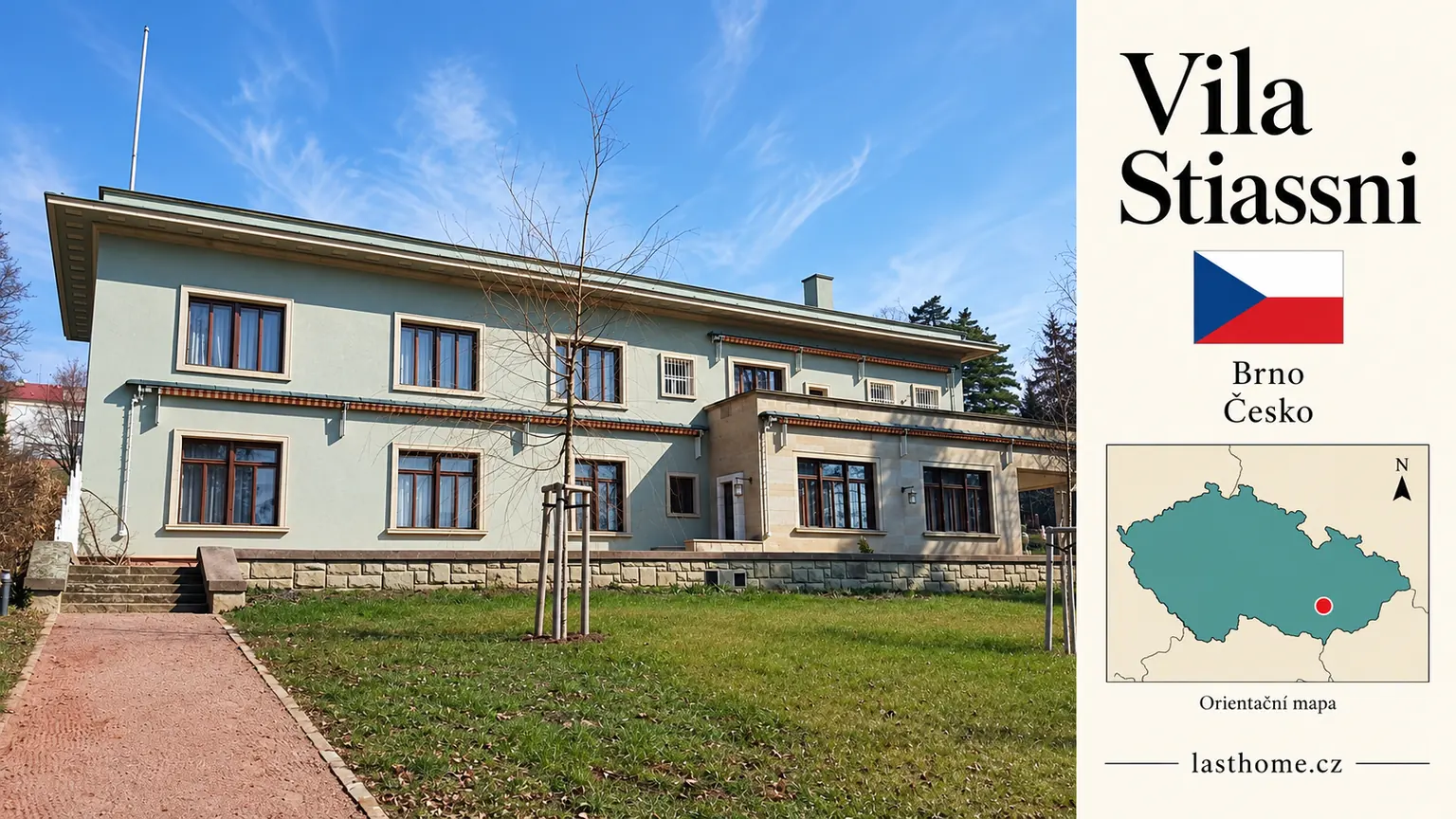AI grafika podle fotografie: Vila Stiassni, Brno, s vlajkou a orientační mapou.