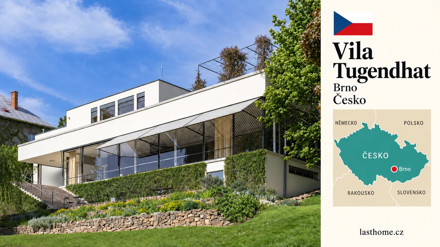 AI grafika podle fotografie: Vila Tugendhat, Brno, s vlajkou a orientační mapou.