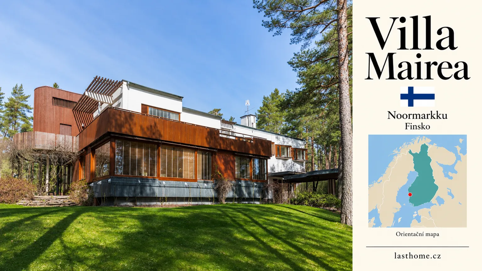 AI grafika podle fotografie: Villa Mairea, Noormarkku, s vlajkou a orientační mapou.