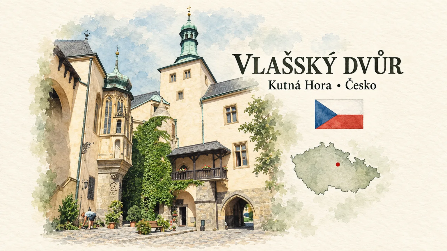 AI grafika podle fotografie: Vlašský dvůr, Kutná Hora, vlajka a orientační mapa země Česko
