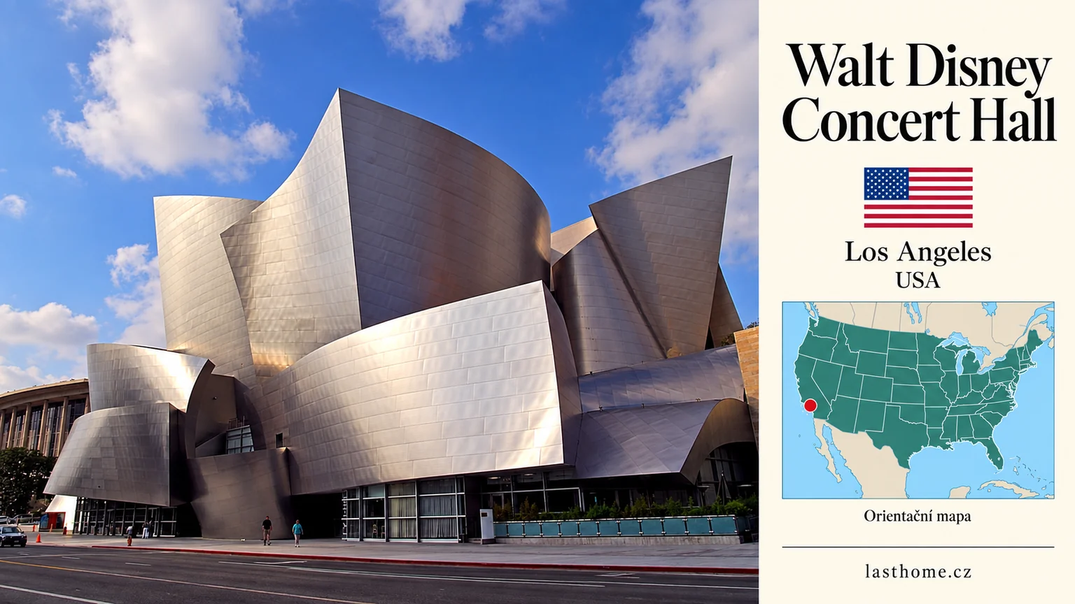 AI grafika podle fotografie: Walt Disney Concert Hall, Los Angeles, s vlajkou a orientační mapou.