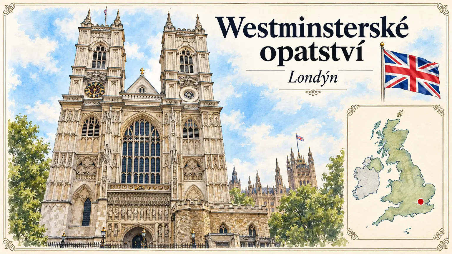 AI grafika podle fotografie: Westminsterské opatství, Londýn, vlajka a orientační mapa země Spojené království