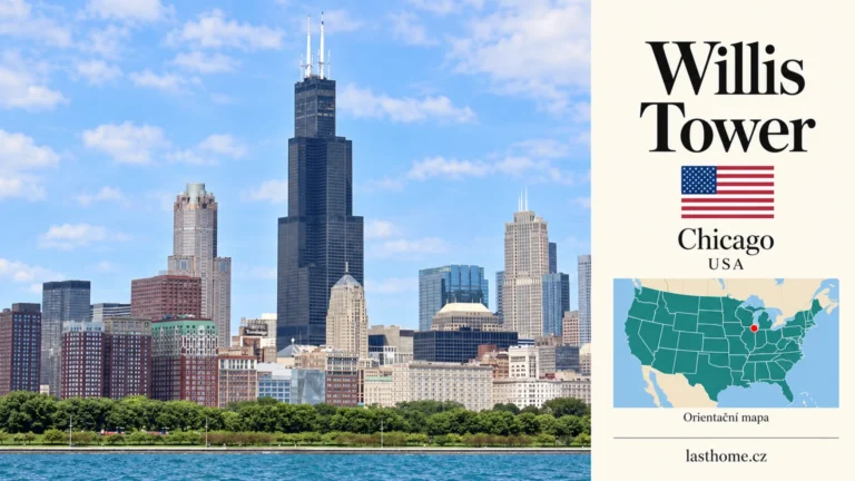 AI grafika podle fotografie: Willis Tower, Chicago, s vlajkou a orientační mapou.