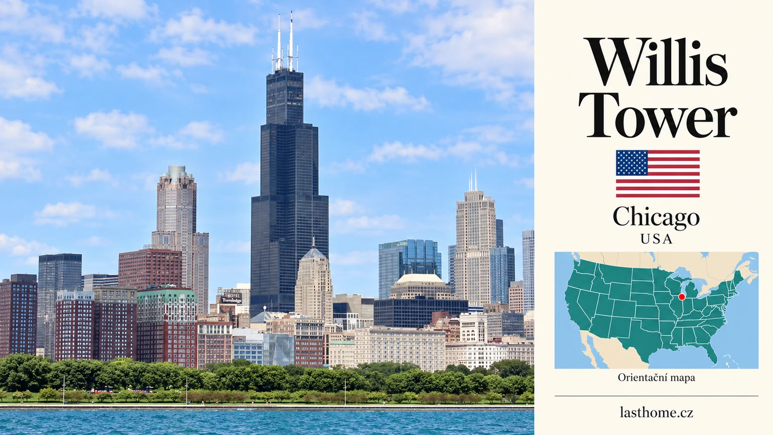 AI grafika podle fotografie: Willis Tower, Chicago, s vlajkou a orientační mapou.