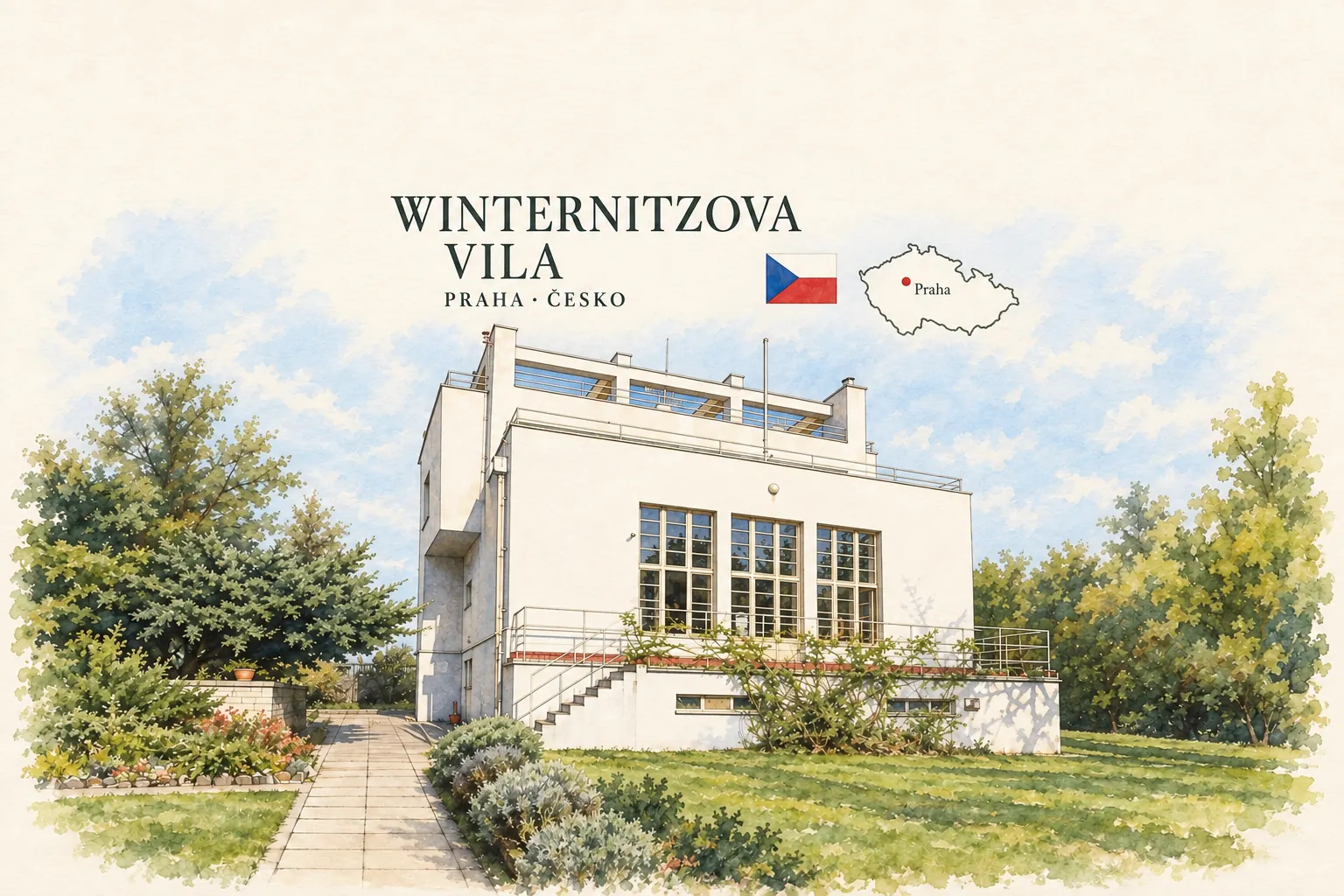 AI grafika podle fotografie: Winternitzova vila, Praha, vlajka a orientační mapa země Česko