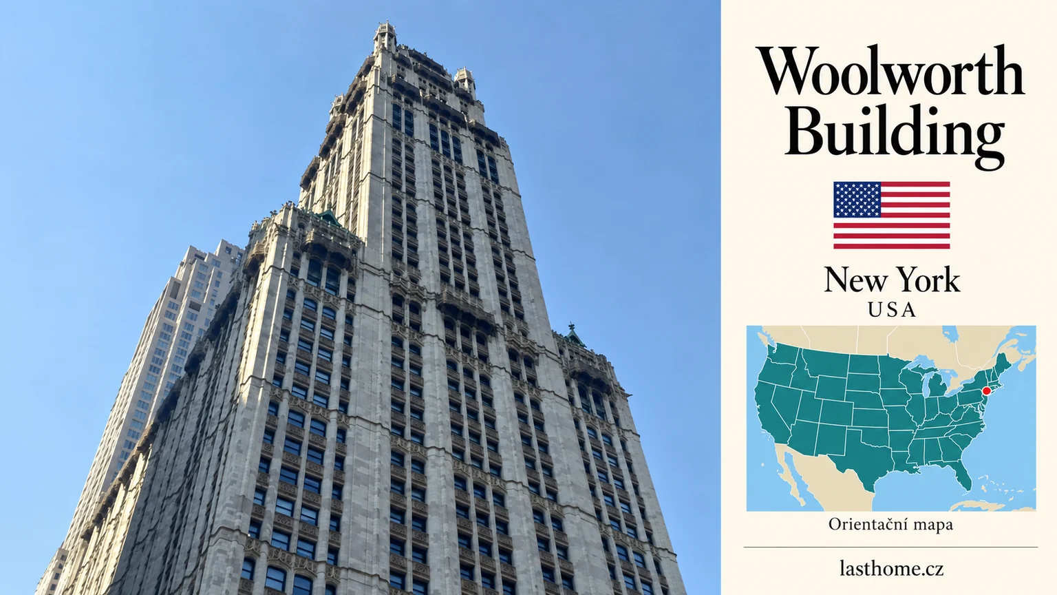 AI grafika podle fotografie: Woolworth Building, New York, s vlajkou a orientační mapou.