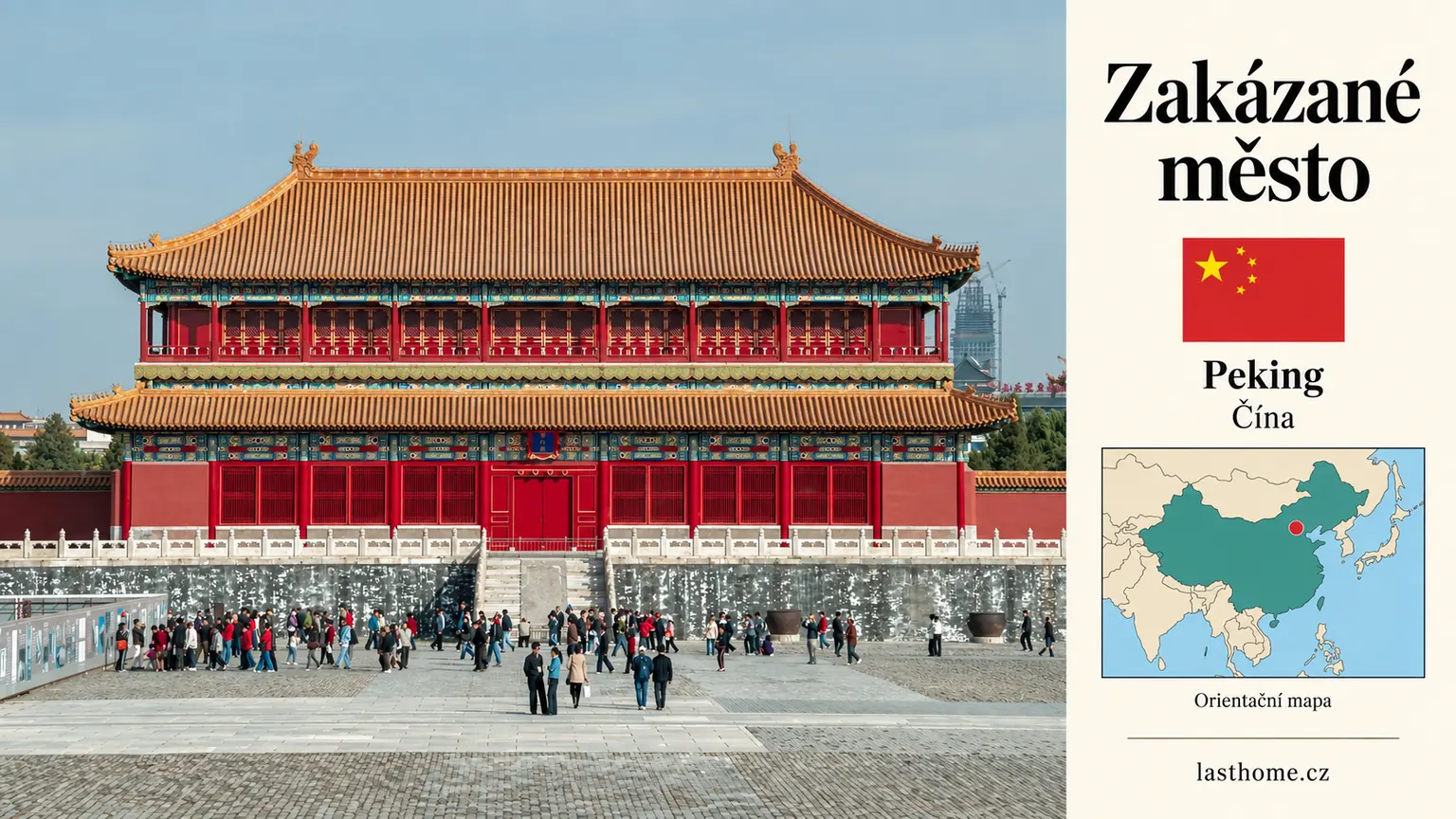 AI grafika podle fotografie: Zakázané město, Peking, s vlajkou a orientační mapou.