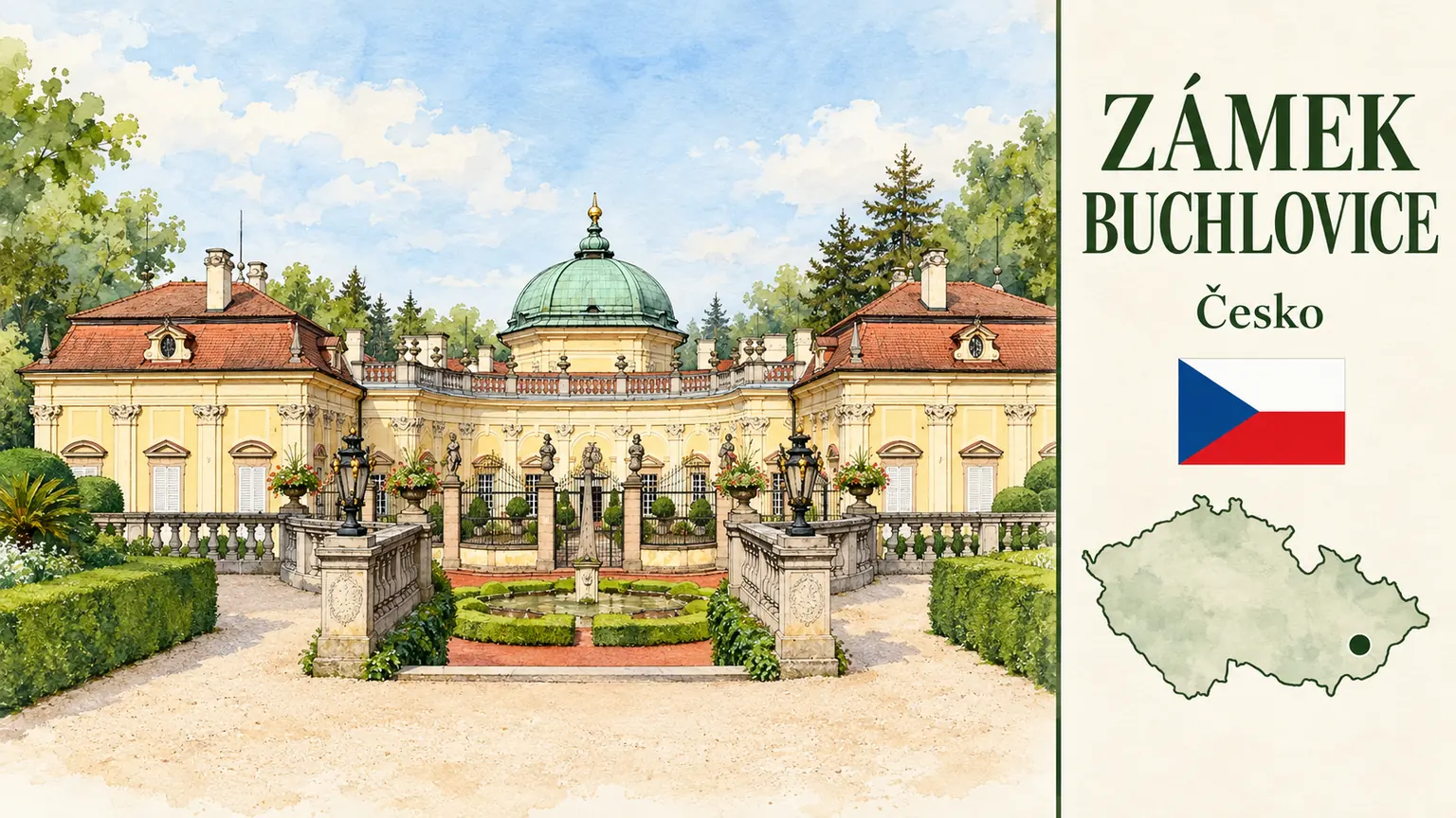AI grafika podle fotografie: Zámek Buchlovice, Buchlovice, Zlínský kraj, česká vlajka a orientační mapa Česka