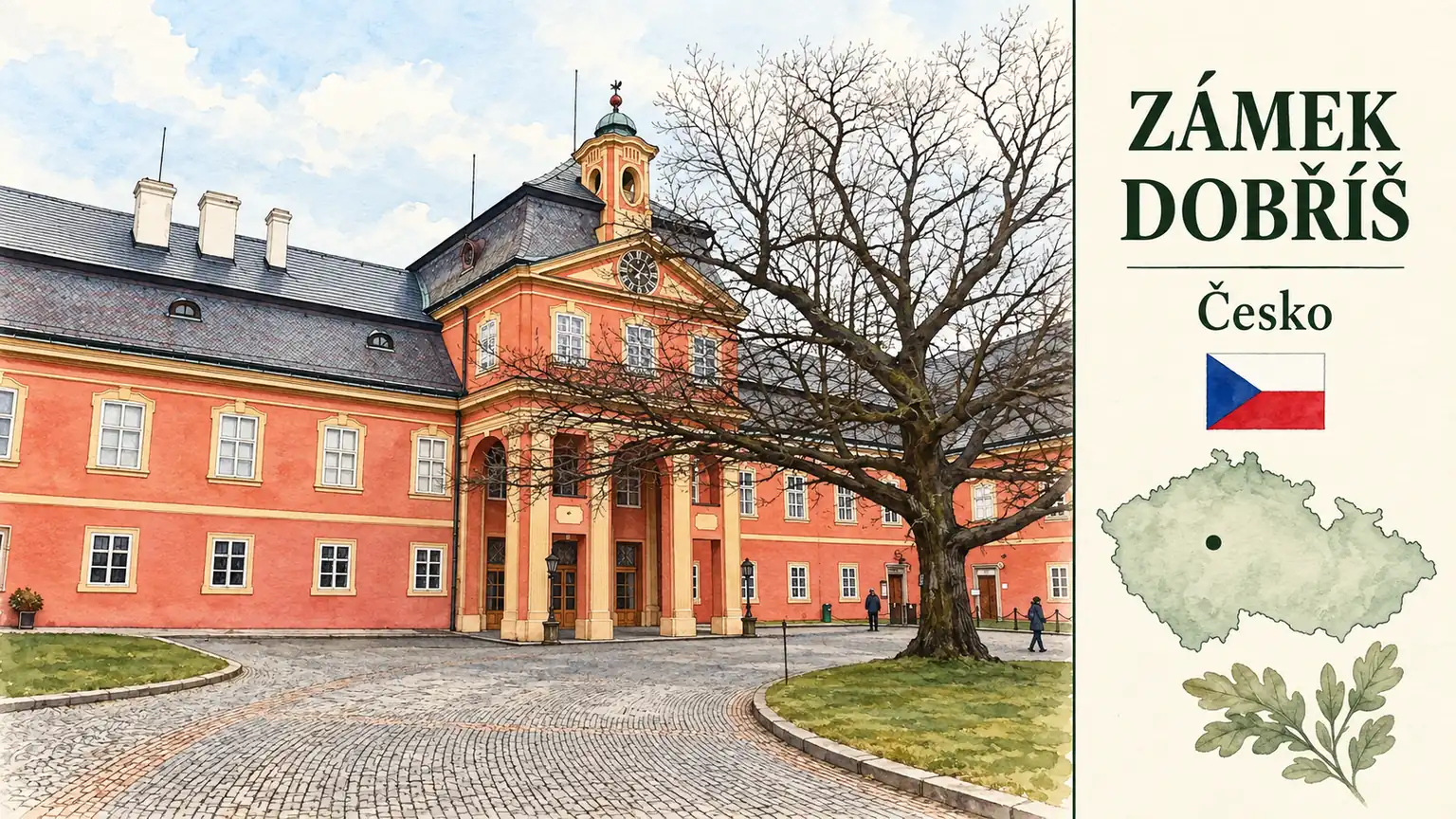 AI grafika podle fotografie: Zámek Dobříš, Dobříš, Středočeský kraj, česká vlajka a orientační mapa Česka