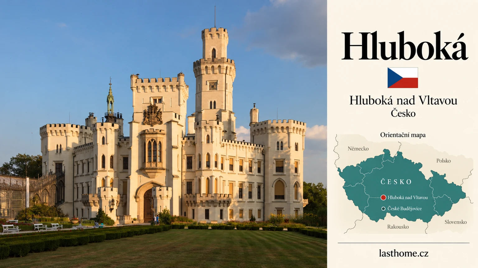 AI grafika podle fotografie: Zámek Hluboká nad Vltavou, Hluboká nad Vltavou, vlajka a orientační mapa země Česko