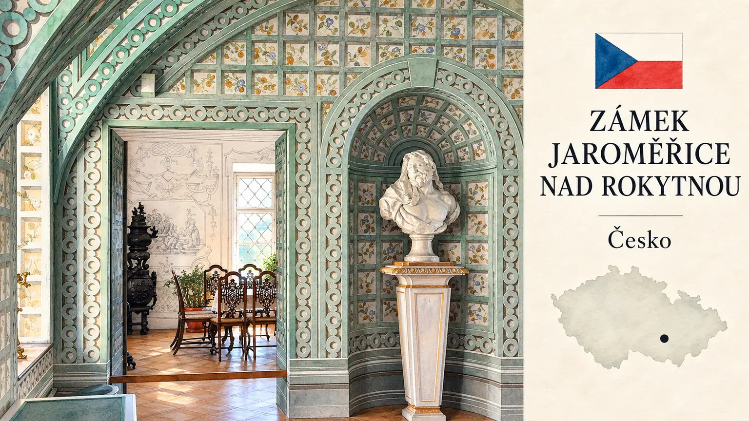 AI grafika podle fotografie: Zámek Jaroměřice nad Rokytnou, Jaroměřice nad Rokytnou, Kraj Vysočina, česká vlajka a orientační mapa Česka