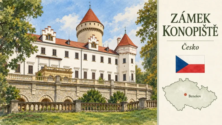 AI grafika podle fotografie: Zámek Konopiště, Benešov, česká vlajka a orientační mapa Česka