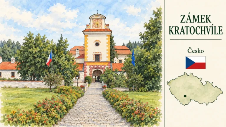 AI grafika podle fotografie: Zámek Kratochvíle, Petrův Dvůr u Netolic, Jihočeský kraj, česká vlajka a orientační mapa Česka