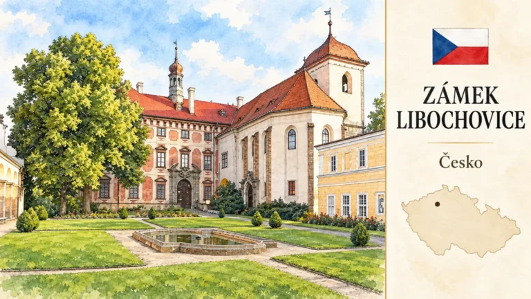 AI grafika podle fotografie: Zámek Libochovice, Libochovice, Ústecký kraj, česká vlajka a orientační mapa Česka