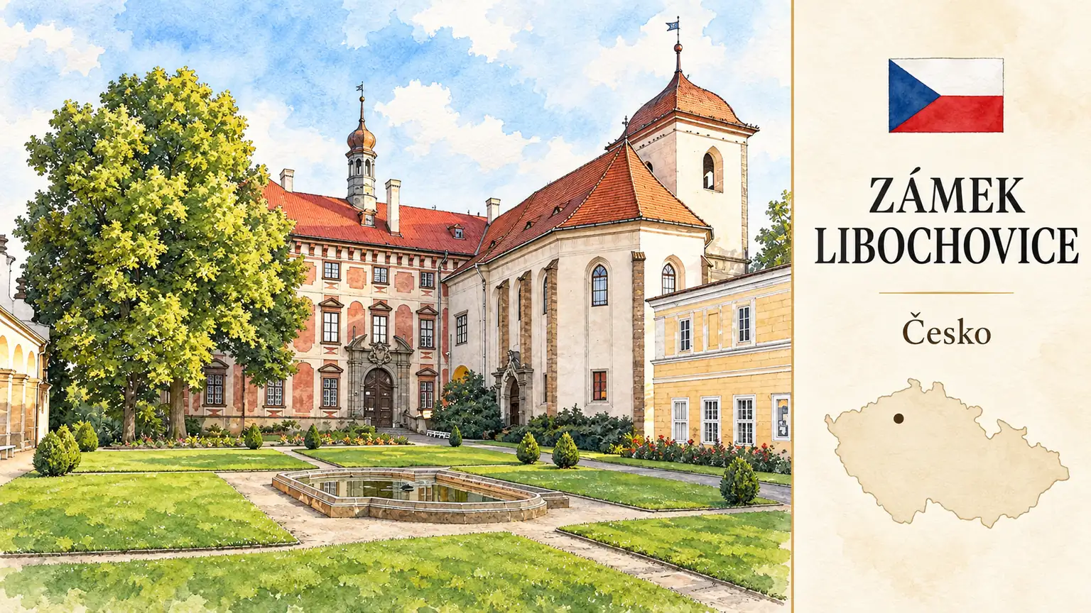 AI grafika podle fotografie: Zámek Libochovice, Libochovice, Ústecký kraj, česká vlajka a orientační mapa Česka