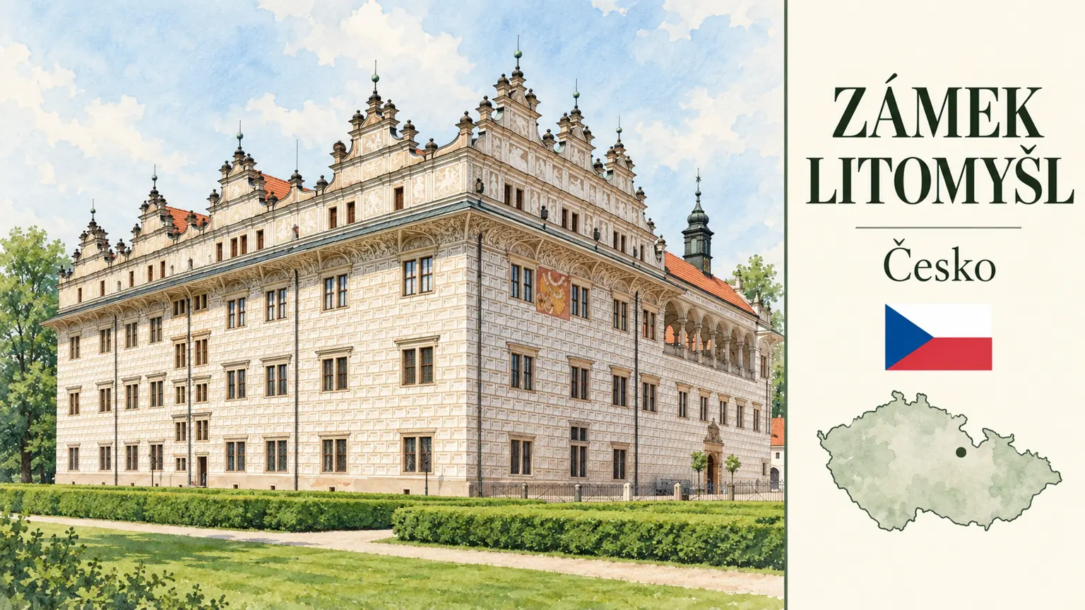 AI grafika podle fotografie: Zámek Litomyšl, Litomyšl, Pardubický kraj, česká vlajka a orientační mapa Česka
