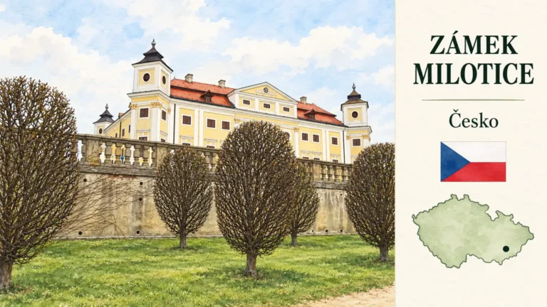 AI grafika podle fotografie: Zámek Milotice, Milotice, Jihomoravský kraj, česká vlajka a orientační mapa Česka