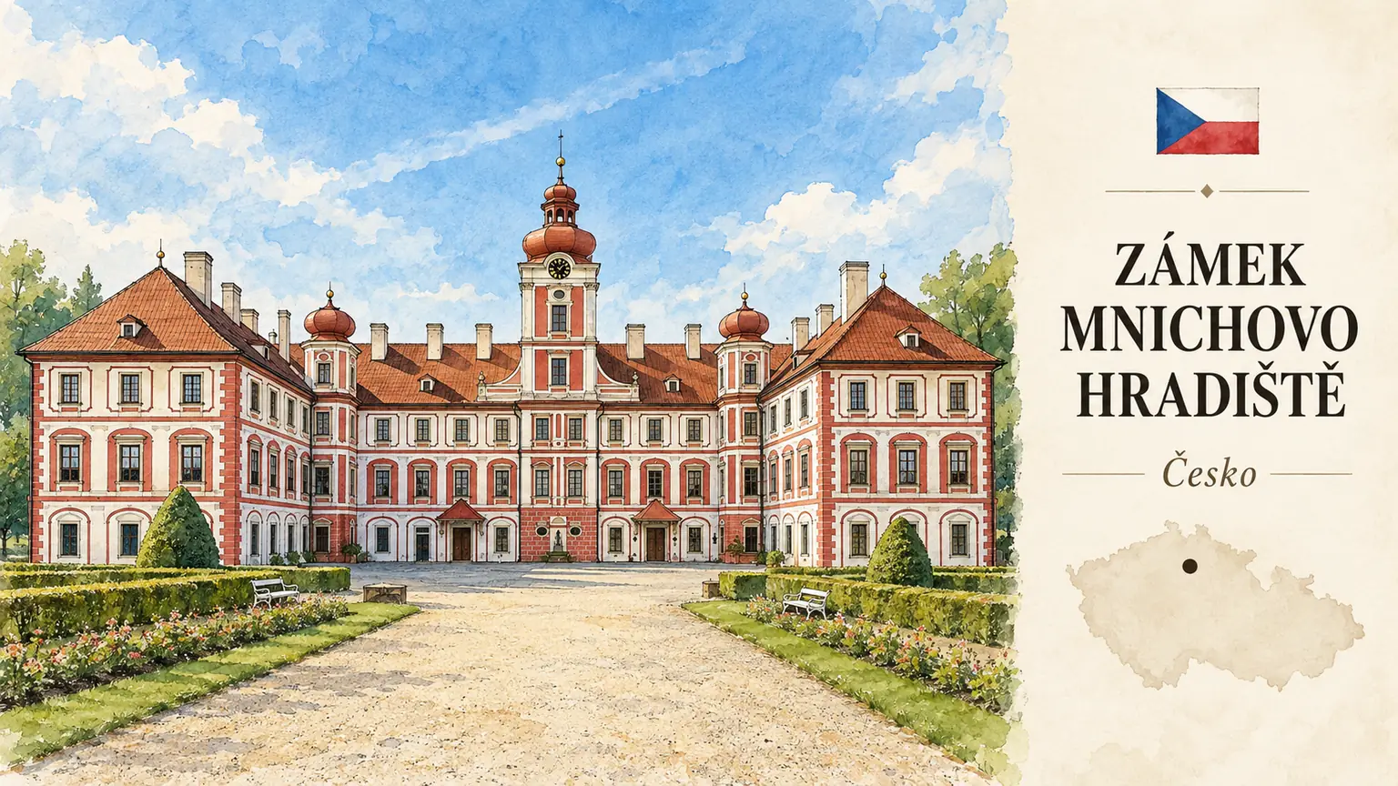 AI grafika podle fotografie: Zámek Mnichovo Hradiště, Mnichovo Hradiště, Středočeský kraj, česká vlajka a orientační mapa Česka