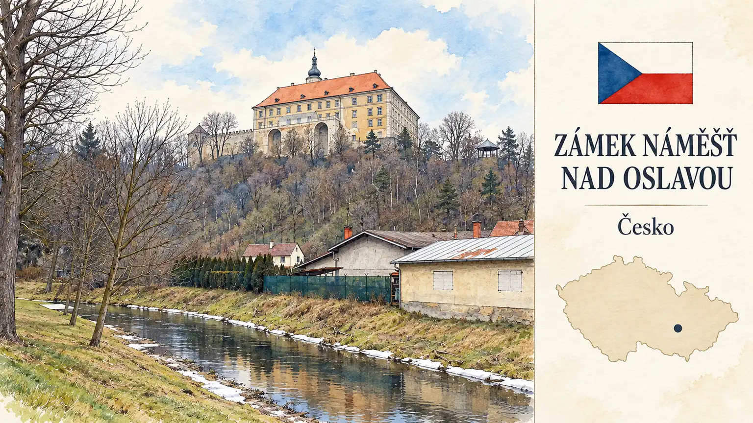 AI grafika podle fotografie: Zámek Náměšť nad Oslavou, Náměšť nad Oslavou, Kraj Vysočina, česká vlajka a orientační mapa Česka