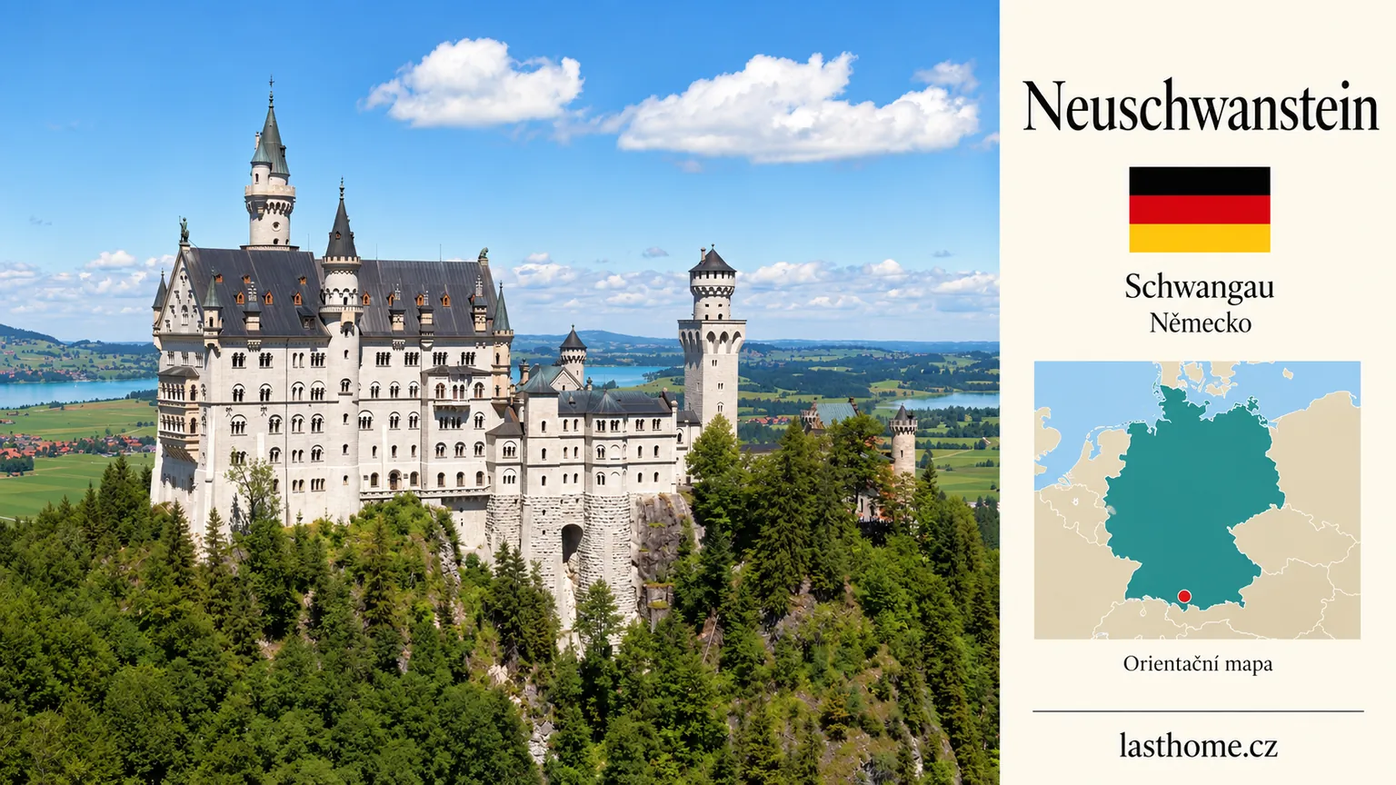AI grafika podle fotografie: Zámek Neuschwanstein, Schwangau, s vlajkou a orientační mapou.