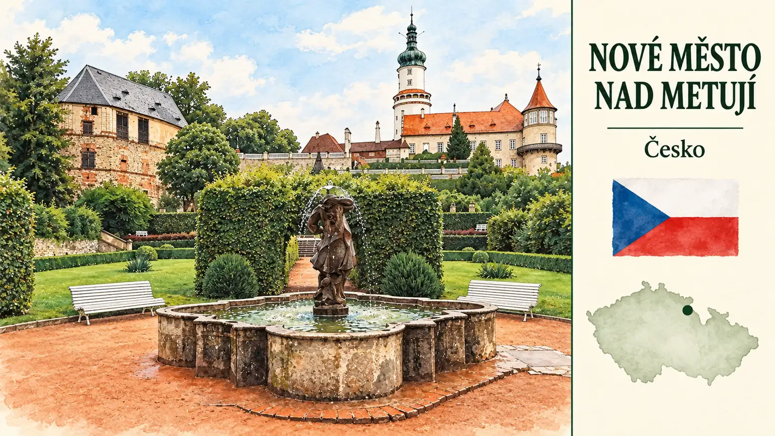 AI grafika podle fotografie: Zámek Nové Město nad Metují, Nové Město nad Metují, Královéhradecký kraj, česká vlajka a orientační mapa Česka