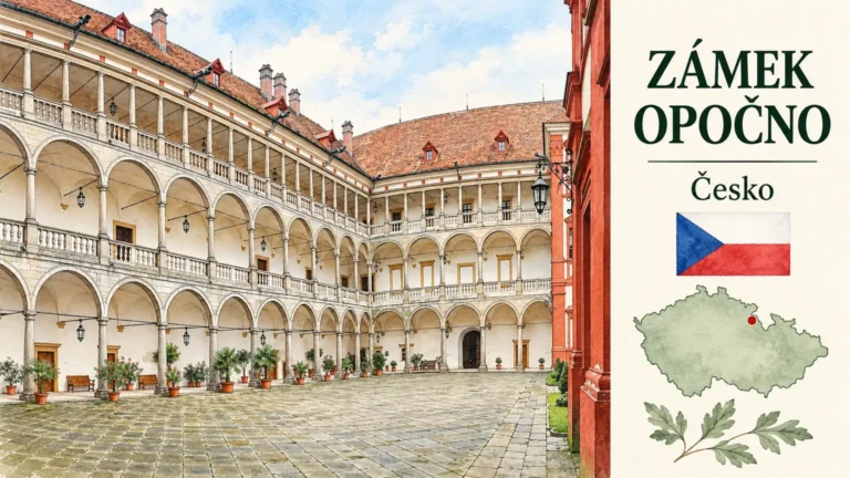 AI grafika podle fotografie: Zámek Opočno, Opočno, Královéhradecký kraj, česká vlajka a orientační mapa Česka
